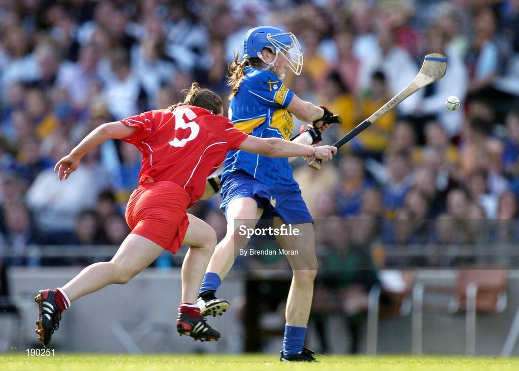18 September 2005; Philly Fogarty, Tipperary, in action against Briege Corkery, Cork. Tipperary v Cork, Foras na Gaeilge All-Ireland Senior Camogie Final, Croke Park, Dublin. Picture credit; Brendan Moran / SPORTSFILE