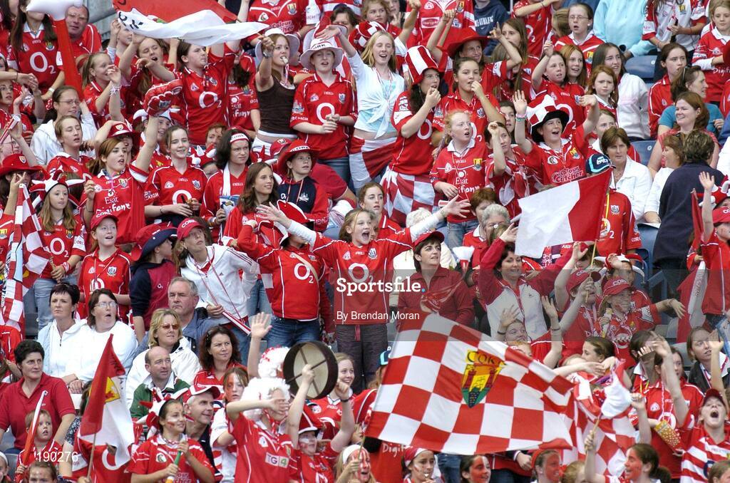 18 September 2005; Cork fans cheer on their side. Tipperary v Cork, Foras na Gaeilge All-Ireland Senior Camogie Final, Croke Park, Dublin. Picture credit; Brendan Moran / SPORTSFILE