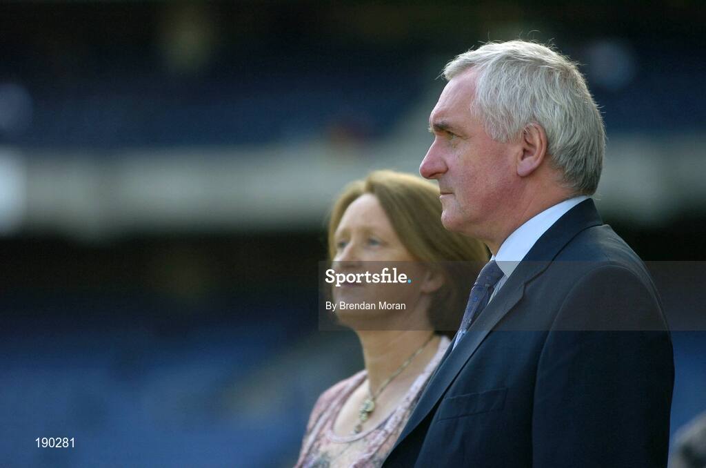 18 September 2005; An Taoiseach Bertie Ahern TD, waits to meet the teams in the company of Miriam O'Callaghan, President, Cumann Camogaiochta na nGael. Tipperary v Cork, Foras na Gaeilge All-Ireland Senior Camogie Final, Croke Park, Dublin. Picture credit; Brendan Moran / SPORTSFILE