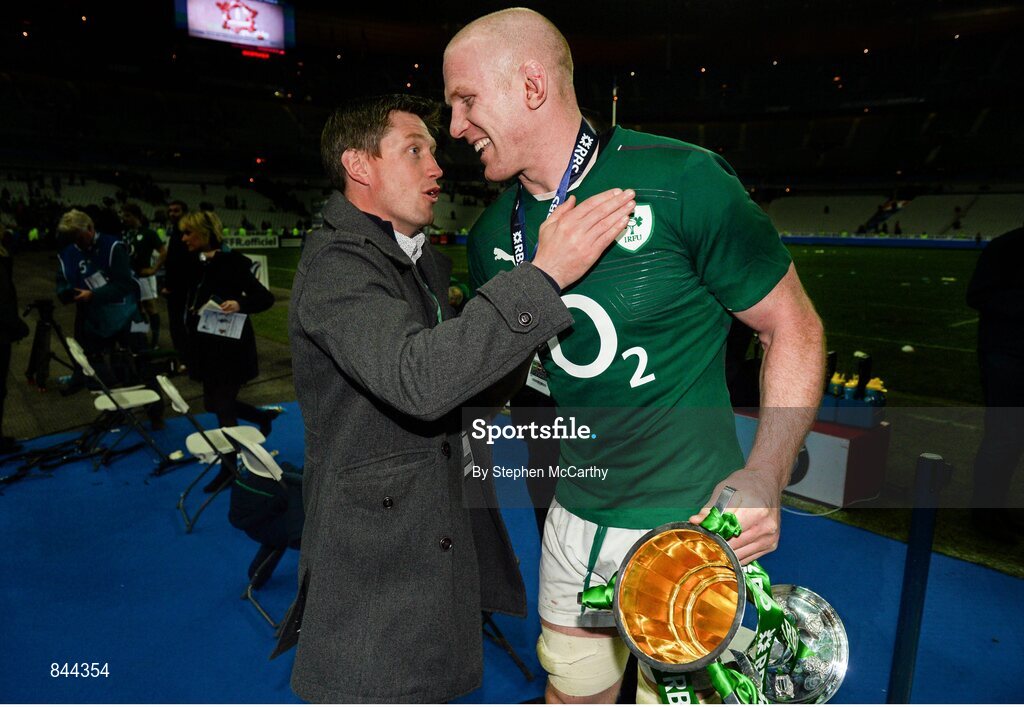 15 March 2014; Ireland's Paul O'Connell is congratulated by Ronan O'Gara following his side's victory. RBS Six Nations Rugby Championship 2014, France v Ireland. Stade De France, Saint Denis, Paris, France. Picture credit: Stephen McCarthy / SPORTSFILE