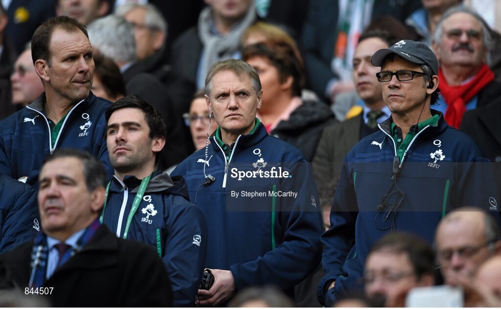 15 March 2014; Ireland head coach Joe Schmidt, centre, with assistants John Plumtree, left, and Les Kiss, right. RBS Six Nations Rugby Championship 2014, France v Ireland. Stade De France, Saint Denis, Paris, France. Picture credit: Stephen McCarthy / SPORTSFILE