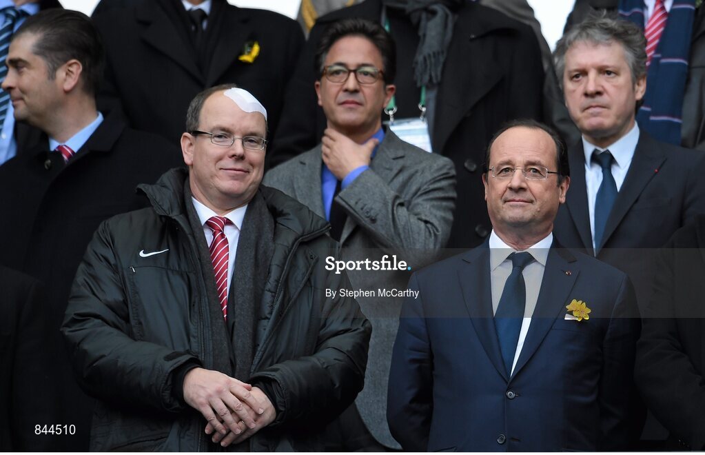 15 March 2014; Prince Albert II of Monaco, left, and  French President Francois Hollande ahead of the game. RBS Six Nations Rugby Championship 2014, France v Ireland. Stade De France, Saint Denis, Paris, France. Picture credit: Stephen McCarthy / SPORTSFILE