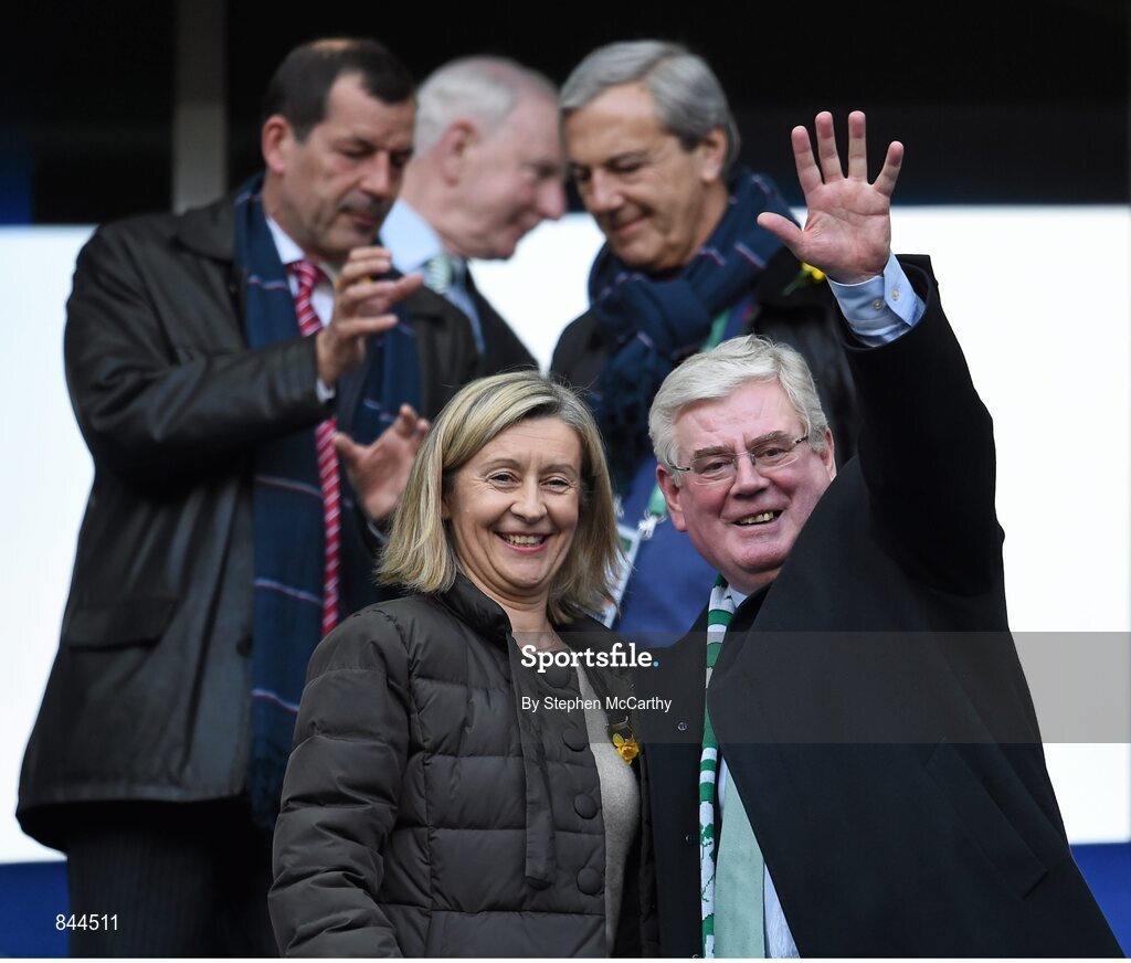 15 March 2014; Tánaiste and Minister for Foreign Affairs and Trade Eamon Gilmore, right, ahead of the game. RBS Six Nations Rugby Championship 2014, France v Ireland. Stade De France, Saint Denis, Paris, France. Picture credit: Stephen McCarthy / SPORTSFILE