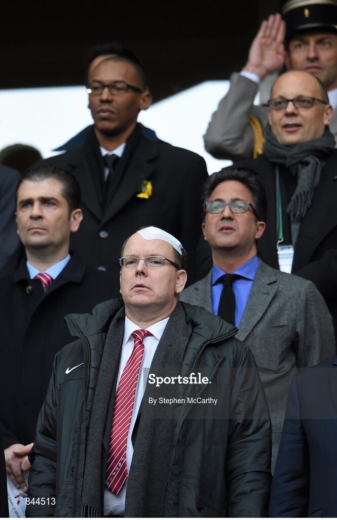 15 March 2014; Prince Albert II of Monaco watches on ahead of the game. RBS Six Nations Rugby Championship 2014, France v Ireland. Stade De France, Saint Denis, Paris, France. Picture credit: Stephen McCarthy / SPORTSFILE