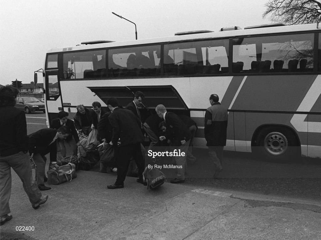 11 April 1993; Bohemians players and officials unload the team bus after it broke down in Whithall, Dublin, enroute to Oriel Park ahead of the Bord Gáis National League Premier Division match between Dundalk and Bohemians at Oriel Park in Dundalk, Louth.  Photo by Ray McManus/Sportsfile
