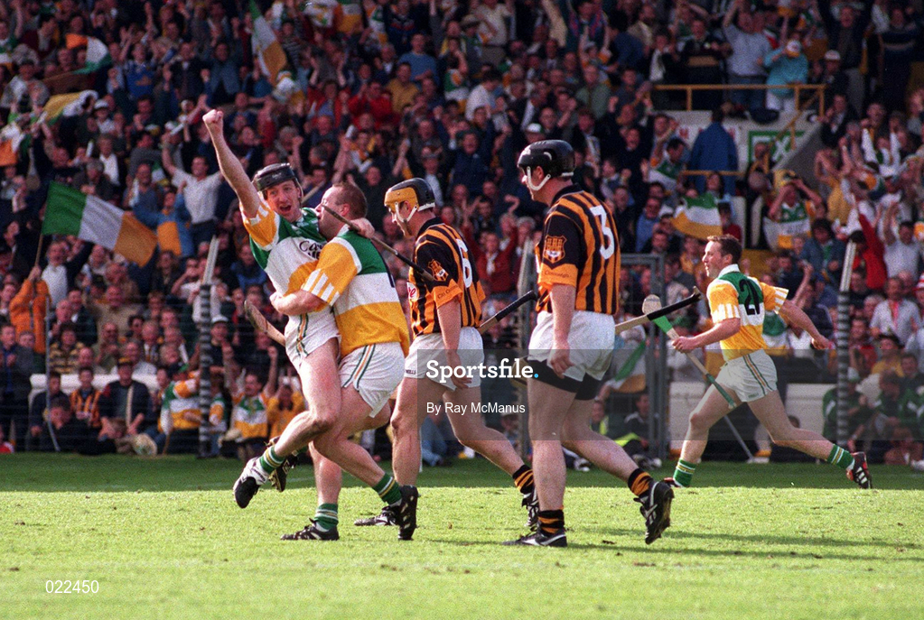 13 September 1998; Brian Whelahan of Offaly celebrates with team-mate Joe Errity after scoring a goal during the Guinness All-Ireland Senior Hurling Championship Final match between Offaly and Kilkenny at Croke Park in Dublin. Photo by Brendan Moran/Sportsfile