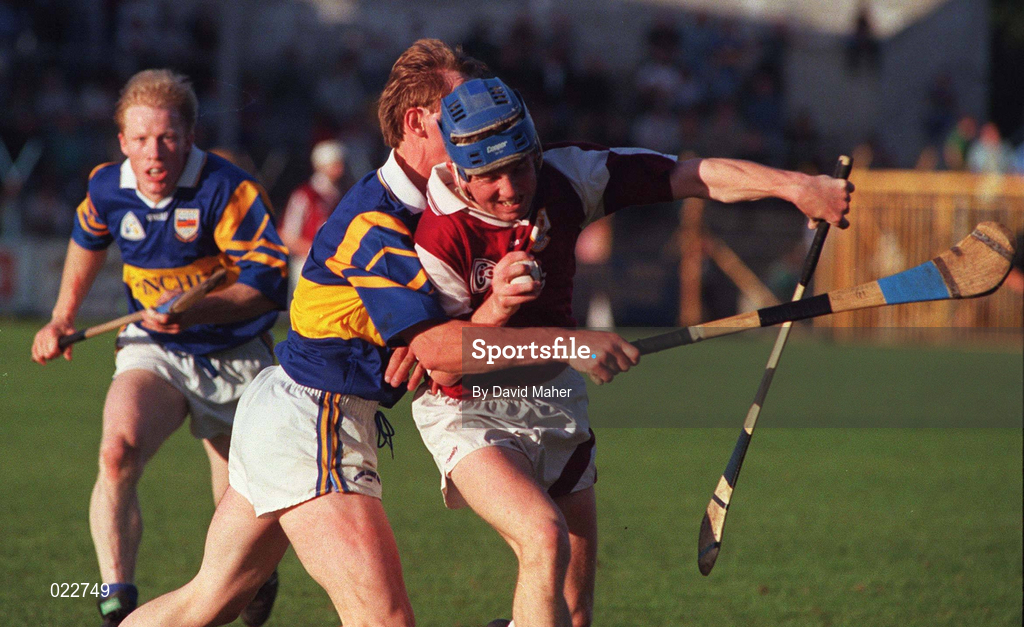 28 August 1997; Kevin Broderick of Galway in action against George Frend of Tipperary during the Church & General National Hurling League Semi-Final match between Galway and Tipperary at Cusack Park in Ennis, Clare Photo by David Maher/Sportsfile