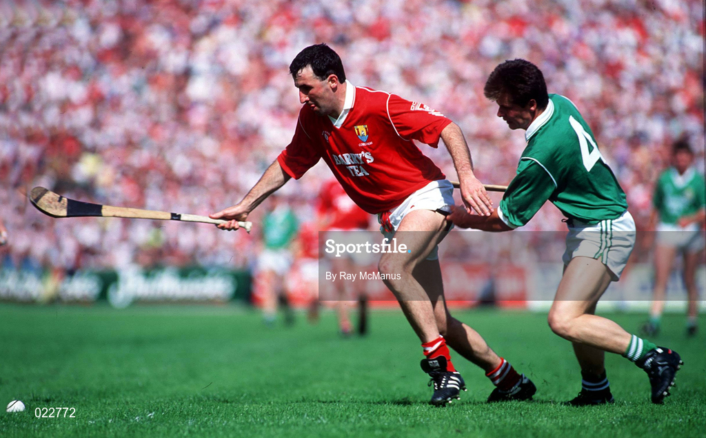 5 July 1992; Ger Fitzgerald of Cork in action against Anthony O'Riordan of Limerick during the Munster Senior Hurling Championship Final match between Cork and Limerick at Pairc Ui Chaoimh in Cork. Photo by Ray McManus/Sportsfile