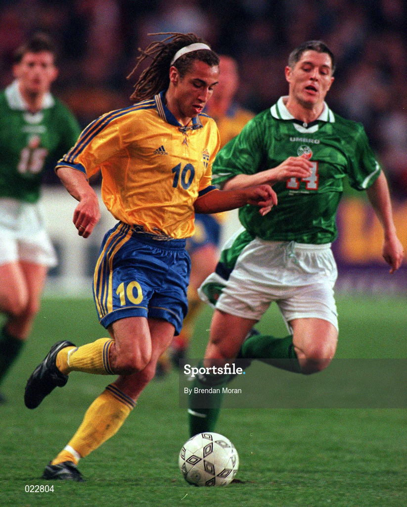 28 April 1999; Henrik Larsson of Sweden in action against Graham Kavanagh of Republic of Ireland during the International friendly match between Republic of Ireland and Sweden at Lansdowne Road in Dublin. Photo By Brendan Moran/Sportsfile