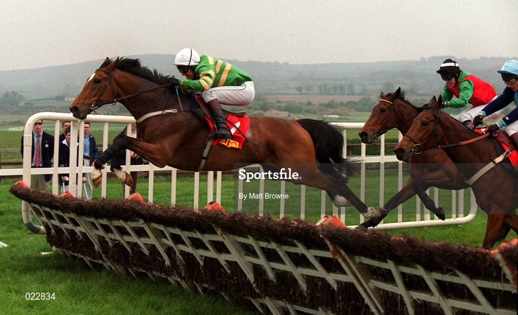 30 April 1999; Istabraq with Charlie Swan up clear the last ahead of Limeston Lad, with AP McCoy up, and Decoupage with Norman Williamson up, on their way to winning the Shell Champion Hurdle at Punchestown racecourse in Kildare. Photo by Matt Browne/Sportsfile