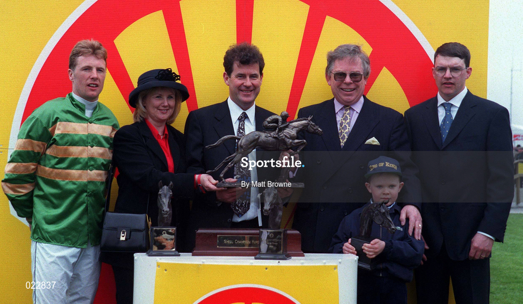 30 April 1999; Pictured at the presentation after the Shell Champion Hurdle are from left, Jockey Charlie Swan, Marjorie Ford wife of the Shell Director, the winning owner J.P McManus, Michael Ford director of Shell Ireland, trainer Aidan O'Brien and his son Joseph at Punchestown Racecourse in Kildare. Photo by Matt Brown/Sportsfile