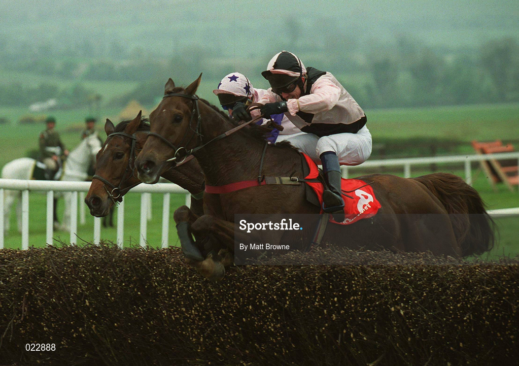 30 April 1999; Jocks Cross with Tony McCoy up jump the last ahead of Manus the Man, with Richard Dunwoody up, who finished third, on their way to winning the David Austin Memorial Steeplechase at Punchestown racecourse in Kildare. Photo by Matt Browne/Sportsfile