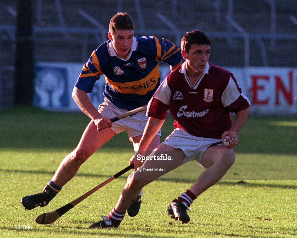28 August 1997; Joe McGrath of Galway in action against George Frend of Tipperary during the Church & General National Hurling League Semi-Final match between Galway and Tipperary at Cusack Park in Ennis, Clare Photo by David Maher/Sportsfile