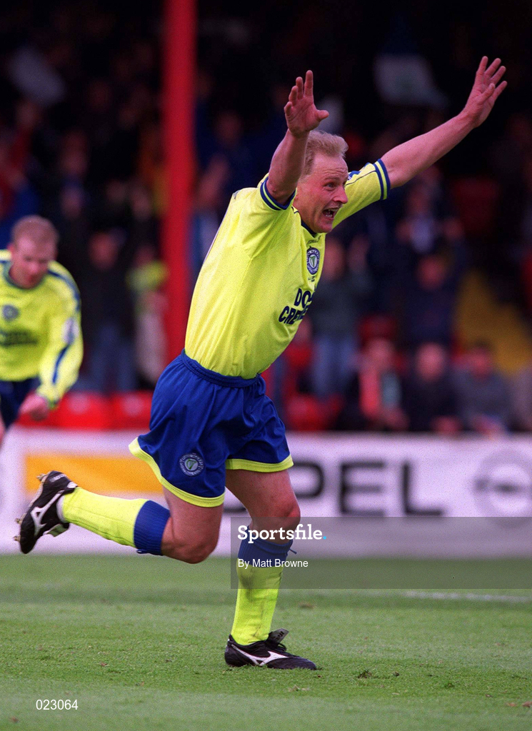 15 May 1999; Jonathan Speak celebrates his side's first goal during the FAI Cup Final Replay match between Bray Wanderers and Finn Harps at Tolka Park in Dublin. Photo by Matt Browne/Sportsfile