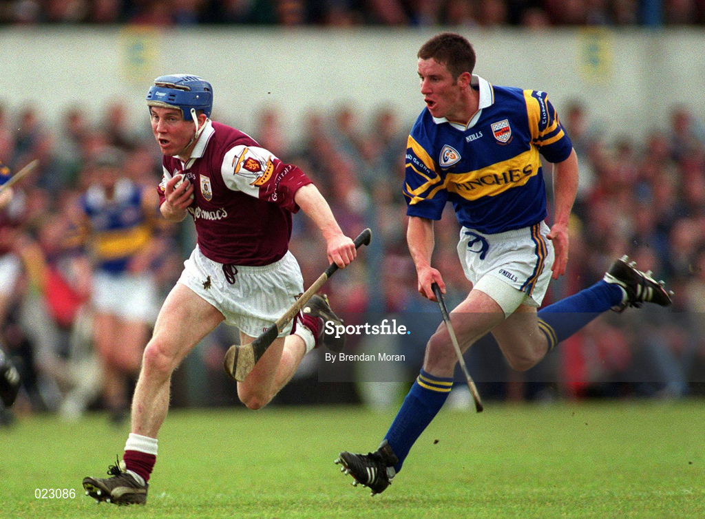 16 May 1999; Kevin Broderick of Galway in action against Brian Horgan of Tipperary during the Church & General National Hurling League Division 1 Final match between Galway and Tipperary at Cusack Park in Ennis, Clare. Photo By Brendan Moran/Sportsfile
