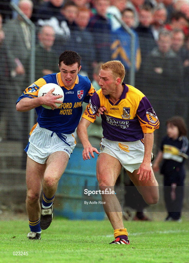 16 May 1999; Trevor Smullen of Longford in action against Rory Stafford of Wexford during the Bank of Ireland Leinster Senior Football Championship Preliminary Round Replay match between Longford and Wexford at Pearse Park in Longford. Photo by Aoife Rice/Sportsfile