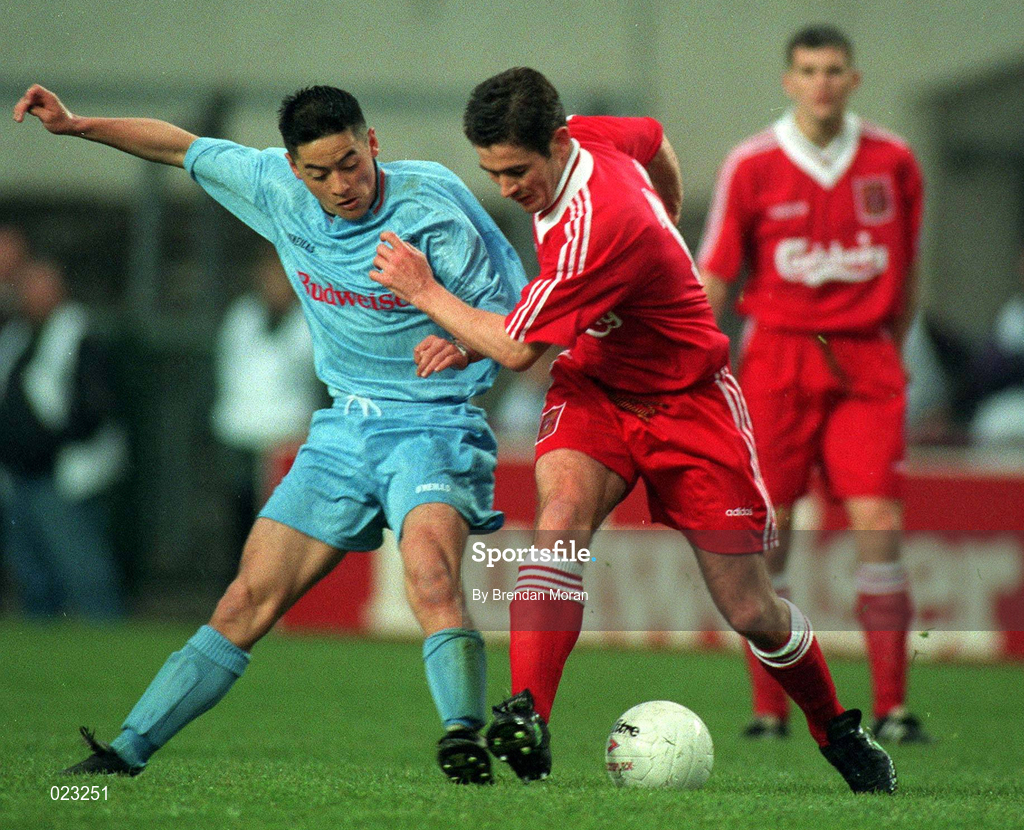 16 May 1995; Jason Sherlock of UCD, in action against Nigel Clough of Liverpool during a pre-season friendly match between UCD and Liverpool at Lansdowne Road in Dublin. Photo By Brendan Moran/Sportsfile
