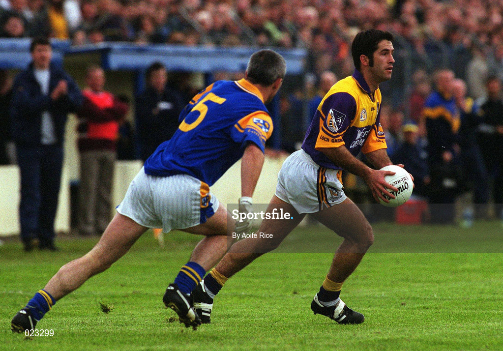 16 May 1999; Scott Doran of Wexford in action against Colin Hannify of Longford during the Bank of Ireland Leinster Senior Football Championship Preliminary Round Replay match between Longford and Wexford at Pearse Park in Longford. Photo by Aoife Rice/Sportsfile