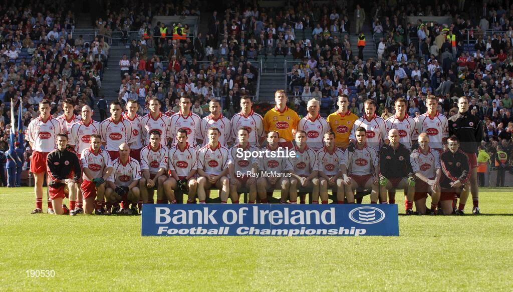 25 September 2005; The Tyrone team ahead of the Bank of Ireland All-Ireland Senior Football Championship Final match between Kerry and Tyrone at Croke Park in Dublin. Photo by Ray McManus/Sportsfile *** Local Caption *** Any photograph taken by SPORTSFILE during, or in connection with, the 2005 Bank of Ireland All-Ireland Senior Football Final which displays GAA logos or contains an image or part of an image of any GAA intellectual property, or, which contains images of a GAA player/players in their playing uniforms, may only be used for editorial and non-advertising purposes.  Use of photographs for advertising, as posters or for purchase separately is strictly prohibited unless prior written approval has been obtained from the Gaelic Athletic Association.