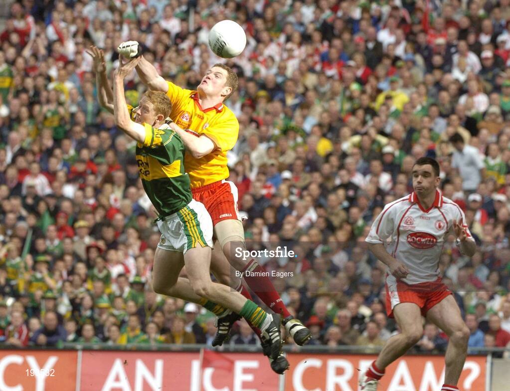 25 September 2005;Tyrone goalkeeper Pascal McConnell supported by team-mate Ryan McMenamin, in action against Colm Cooper, Kerry, Bank of Ireland All-Ireland Senior Football Championship Final, Kerry v Tyrone, Croke Park, Dublin. Picture credit; Damien Eagers/ SPORTSFILE *** Local Caption *** Any photograph taken by SPORTSFILE during, or in connection with, the 2005 Bank of Ireland All-Ireland Senior Football Final which displays GAA logos or contains an image or part of an image of any GAA intellectual property, or, which contains images of a GAA player/players in their playing uniforms, may only be used for editorial and non-advertising purposes.  Use of photographs for advertising, as posters or for purchase separately is strictly prohibited unless prior written approval has been obtained from the Gaelic Athletic Association.