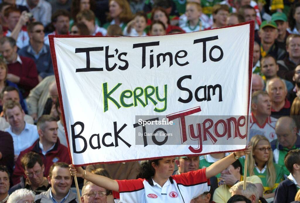 25 September 2005; A Tyrone supporter sends a message to the Kerry supporters, Bank of Ireland All-Ireland Senior Football Championship Final, Kerry v Tyrone, Croke Park, Dublin. Picture credit; Damien Eagers/ SPORTSFILE *** Local Caption *** Any photograph taken by SPORTSFILE during, or in connection with, the 2005 Bank of Ireland All-Ireland Senior Football Final which displays GAA logos or contains an image or part of an image of any GAA intellectual property, or, which contains images of a GAA player/players in their playing uniforms, may only be used for editorial and non-advertising purposes.  Use of photographs for advertising, as posters or for purchase separately is strictly prohibited unless prior written approval has been obtained from the Gaelic Athletic Association.