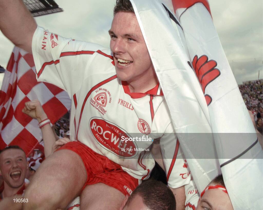 25 September 2005; Conor Gormley, Tyrone, celebrates at the end of the game. Bank of Ireland All-Ireland Senior Football Championship Final, Kerry v Tyrone, Croke Park, Dublin. Picture credit; Ray McManus / SPORTSFILE *** Local Caption *** Any photograph taken by SPORTSFILE during, or in connection with, the 2005 Bank of Ireland All-Ireland Senior Football Final which displays GAA logos or contains an image or part of an image of any GAA intellectual property, or, which contains images of a GAA player/players in their playing uniforms, may only be used for editorial and non-advertising purposes.  Use of photographs for advertising, as posters or for purchase separately is strictly prohibited unless prior written approval has been obtained from the Gaelic Athletic Association.
