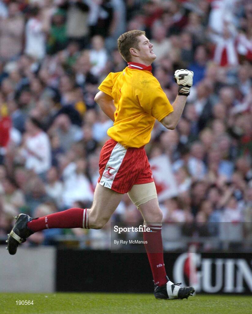 25 September 2005; Goalkeeper Pascal McConnell celebrates a late score for Tyrone. Bank of Ireland All-Ireland Senior Football Championship Final, Kerry v Tyrone, Croke Park, Dublin. Picture credit; Ray McManus / SPORTSFILE *** Local Caption *** Any photograph taken by SPORTSFILE during, or in connection with, the 2005 Bank of Ireland All-Ireland Senior Football Final which displays GAA logos or contains an image or part of an image of any GAA intellectual property, or, which contains images of a GAA player/players in their playing uniforms, may only be used for editorial and non-advertising purposes.  Use of photographs for advertising, as posters or for purchase separately is strictly prohibited unless prior written approval has been obtained from the Gaelic Athletic Association.