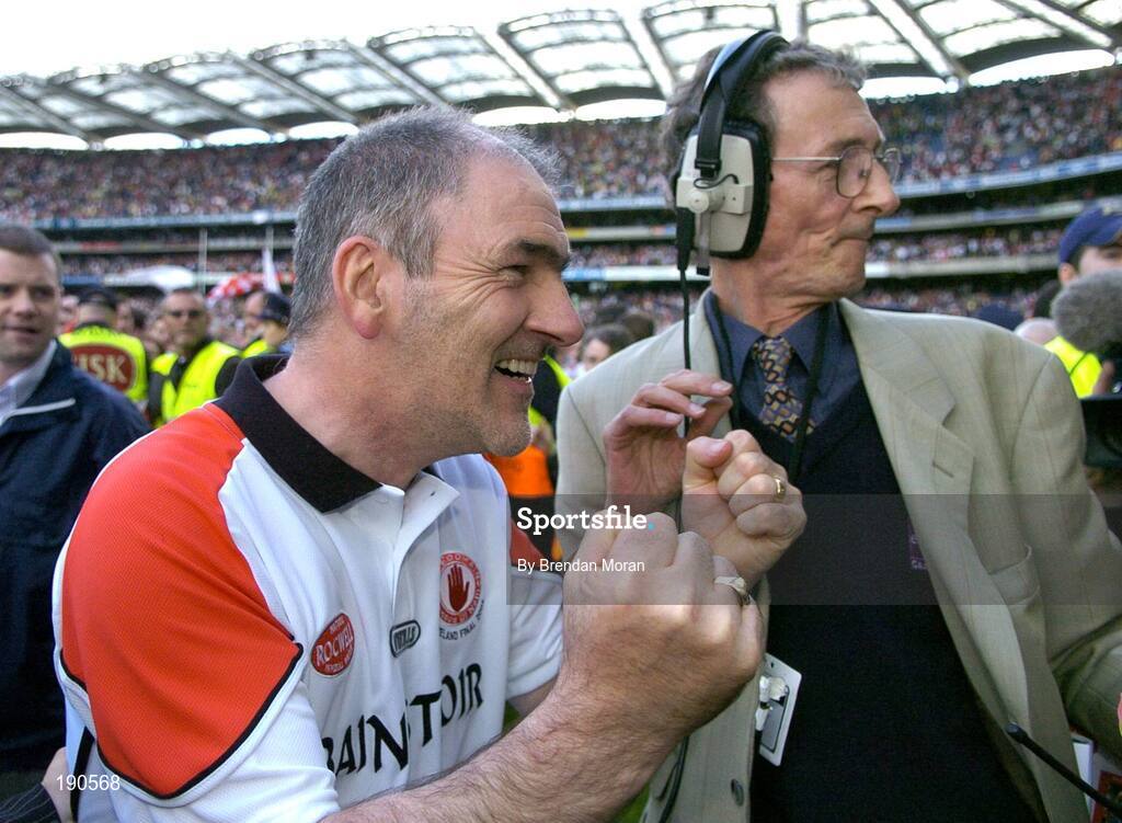 25 September 2005; Tyrone manager Mickey Harte celebrates after the game. Bank of Ireland All-Ireland Senior Football Championship Final, Kerry v Tyrone, Croke Park, Dublin. Picture credit; Brendan Moran / SPORTSFILE *** Local Caption *** Any photograph taken by SPORTSFILE during, or in connection with, the 2005 Bank of Ireland All-Ireland Senior Football Final which displays GAA logos or contains an image or part of an image of any GAA intellectual property, or, which contains images of a GAA player/players in their playing uniforms, may only be used for editorial and non-advertising purposes.  Use of photographs for advertising, as posters or for purchase separately is strictly prohibited unless prior written approval has been obtained from the Gaelic Athletic Association.