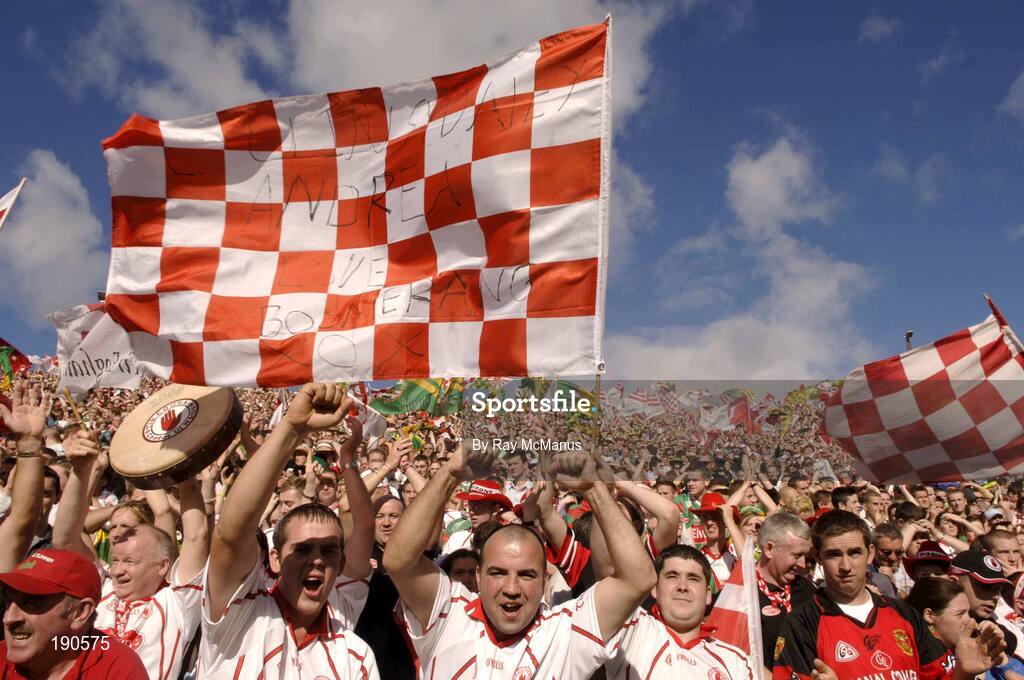 25 September 2005; Tyrone supporters on Hill 16. Bank of Ireland All-Ireland Senior Football Championship Final, Kerry v Tyrone, Croke Park, Dublin. Picture credit; Ray McManus / SPORTSFILE *** Local Caption *** Any photograph taken by SPORTSFILE during, or in connection with, the 2005 Bank of Ireland All-Ireland Senior Football Final which displays GAA logos or contains an image or part of an image of any GAA intellectual property, or, which contains images of a GAA player/players in their playing uniforms, may only be used for editorial and non-advertising purposes.  Use of photographs for advertising, as posters or for purchase separately is strictly prohibited unless prior written approval has been obtained from the Gaelic Athletic Association.