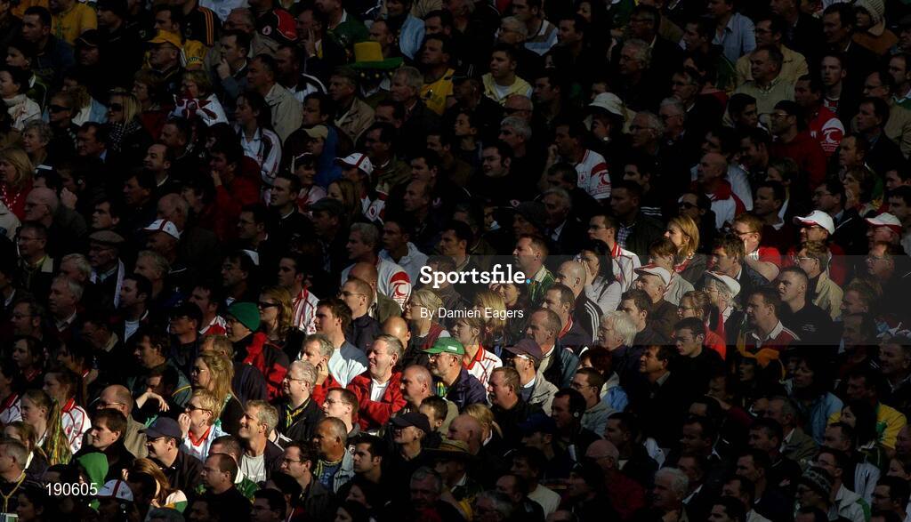 25 September 2005; Tyrone and Kerry Supporters watch the match, Bank of Ireland All-Ireland Senior Football Championship Final. Kerry v Tyrone, Croke Park, Dublin. Picture credit; Damien Eagers/ SPORTSFILE *** Local Caption *** Any photograph taken by SPORTSFILE during, or in connection with, the 2005 Bank of Ireland All-Ireland Senior Football Final which displays GAA logos or contains an image or part of an image of any GAA intellectual property, or, which contains images of a GAA player/players in their playing uniforms, may only be used for editorial and non-advertising purposes.  Use of photographs for advertising, as posters or for purchase separately is strictly prohibited unless prior written approval has been obtained from the Gaelic Athletic Association.