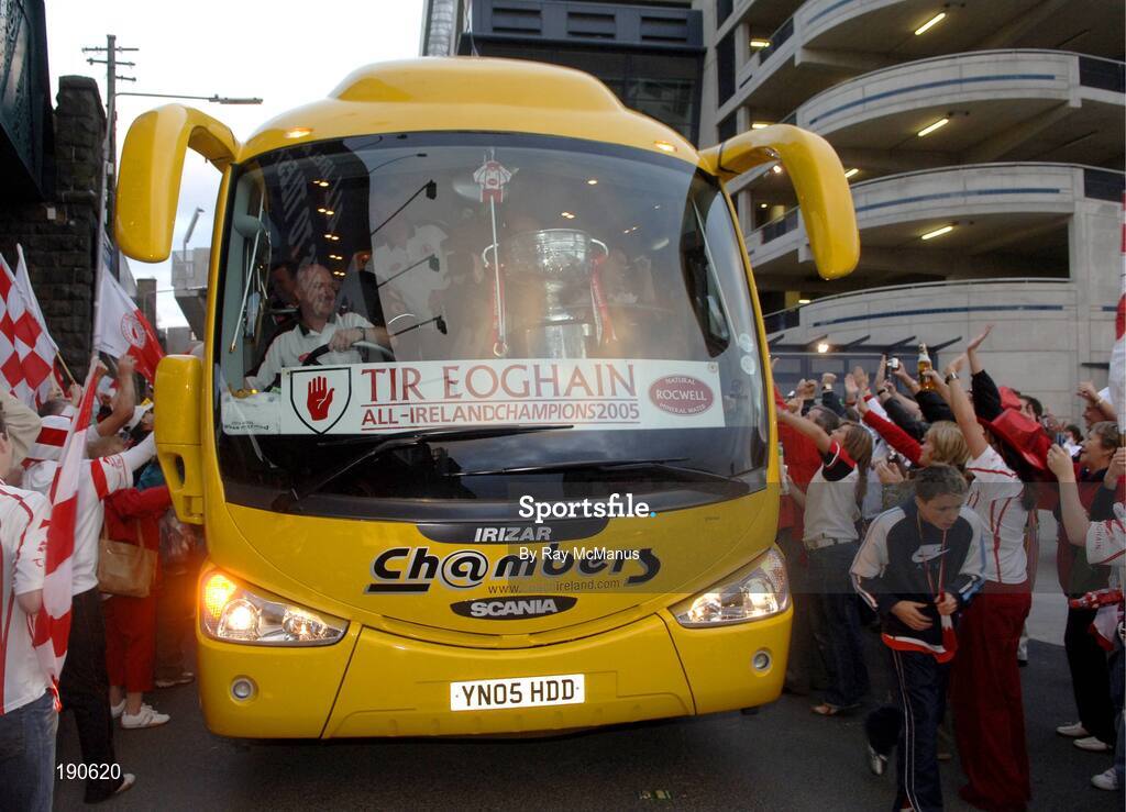 25 September 2005; The Tyrone team bus, with the Sam Maguire Cup, leaves Croke Park after the game. Bank of Ireland All-Ireland Senior Football Championship Final, Kerry v Tyrone, Croke Park, Dublin. Picture credit; Ray McManus / SPORTSFILE *** Local Caption *** Any photograph taken by SPORTSFILE during, or in connection with, the 2005 Bank of Ireland All-Ireland Senior Football Final which displays GAA logos or contains an image or part of an image of any GAA intellectual property, or, which contains images of a GAA player/players in their playing uniforms, may only be used for editorial and non-advertising purposes.  Use of photographs for advertising, as posters or for purchase separately is strictly prohibited unless prior written approval has been obtained from the Gaelic Athletic Association.