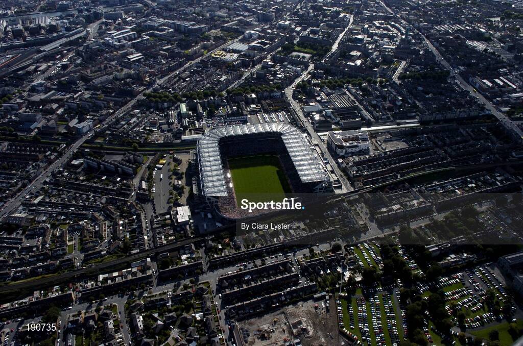 25 September 2005; An aeriel view of Croke Park. Bank of Ireland All-Ireland Senior Football Championship Final, Kerry v Tyrone, Croke Park, Dublin. Picture credit; Ciara Lyster / SPORTSFILE *** Local Caption *** Any photograph taken by SPORTSFILE during, or in connection with, the 2005 Bank of Ireland All-Ireland Senior Football Final which displays GAA logos or contains an image or part of an image of any GAA intellectual property, or, which contains images of a GAA player/players in their playing uniforms, may only be used for editorial and non-advertising purposes.  Use of photographs for advertising, as posters or for purchase separately is strictly prohibited unless prior written approval has been obtained from the Gaelic Athletic Association.