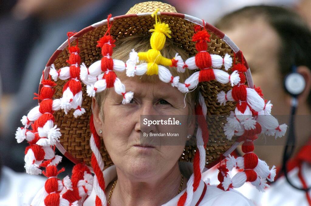 25 September 2005; A Tyrone fan pictured during the game. Bank of Ireland All-Ireland Senior Football Championship Final, Kerry v Tyrone, Croke Park, Dublin. Picture credit; Brendan Moran / SPORTSFILE *** Local Caption *** Any photograph taken by SPORTSFILE during, or in connection with, the 2005 Bank of Ireland All-Ireland Senior Football Final which displays GAA logos or contains an image or part of an image of any GAA intellectual property, or, which contains images of a GAA player/players in their playing uniforms, may only be used for editorial and non-advertising purposes.  Use of photographs for advertising, as posters or for purchase separately is strictly prohibited unless prior written approval has been obtained from the Gaelic Athletic Association.