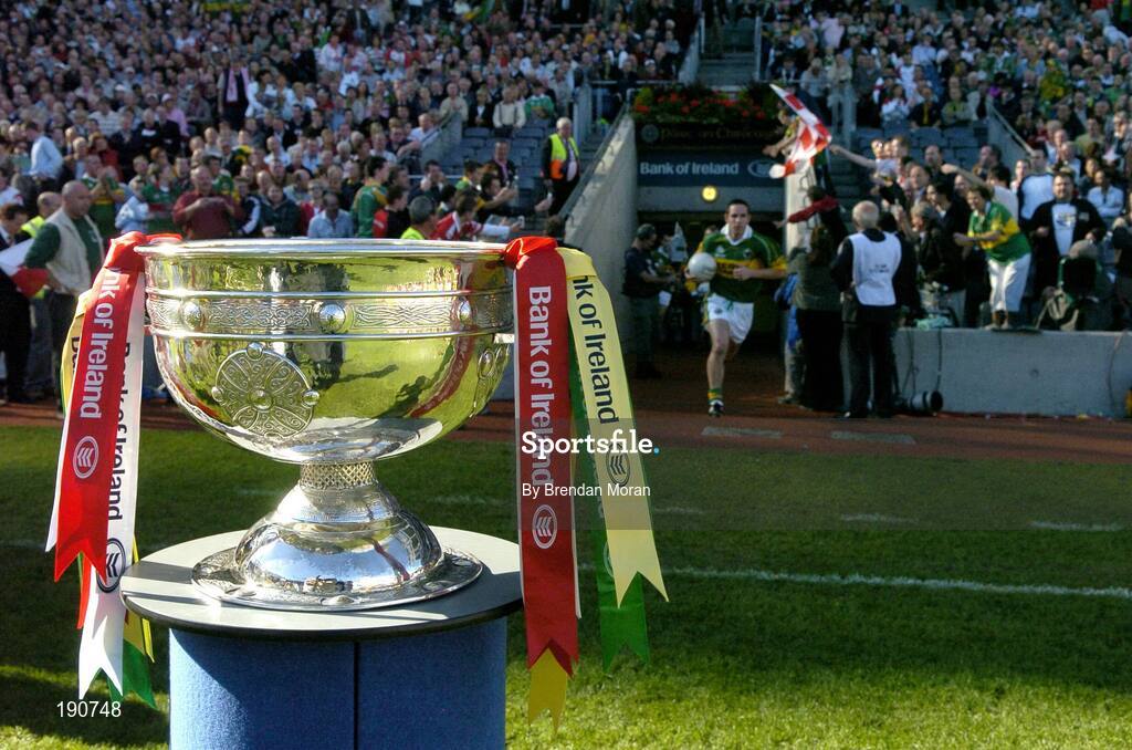 25 September 2005; The Sam Maguire Cup awaits the arrival of the teams before the game. Bank of Ireland All-Ireland Senior Football Championship Final, Kerry v Tyrone, Croke Park, Dublin. Picture credit; Brendan Moran / SPORTSFILE *** Local Caption *** Any photograph taken by SPORTSFILE during, or in connection with, the 2005 Bank of Ireland All-Ireland Senior Football Final which displays GAA logos or contains an image or part of an image of any GAA intellectual property, or, which contains images of a GAA player/players in their playing uniforms, may only be used for editorial and non-advertising purposes.  Use of photographs for advertising, as posters or for purchase separately is strictly prohibited unless prior written approval has been obtained from the Gaelic Athletic Association.