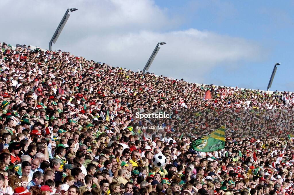 25 September 2005; A general view of fans on Hill 16. Bank of Ireland All-Ireland Senior Football Championship Final, Kerry v Tyrone, Croke Park, Dublin. Picture credit; Brendan Moran / SPORTSFILE *** Local Caption *** Any photograph taken by SPORTSFILE during, or in connection with, the 2005 Bank of Ireland All-Ireland Senior Football Final which displays GAA logos or contains an image or part of an image of any GAA intellectual property, or, which contains images of a GAA player/players in their playing uniforms, may only be used for editorial and non-advertising purposes.  Use of photographs for advertising, as posters or for purchase separately is strictly prohibited unless prior written approval has been obtained from the Gaelic Athletic Association.