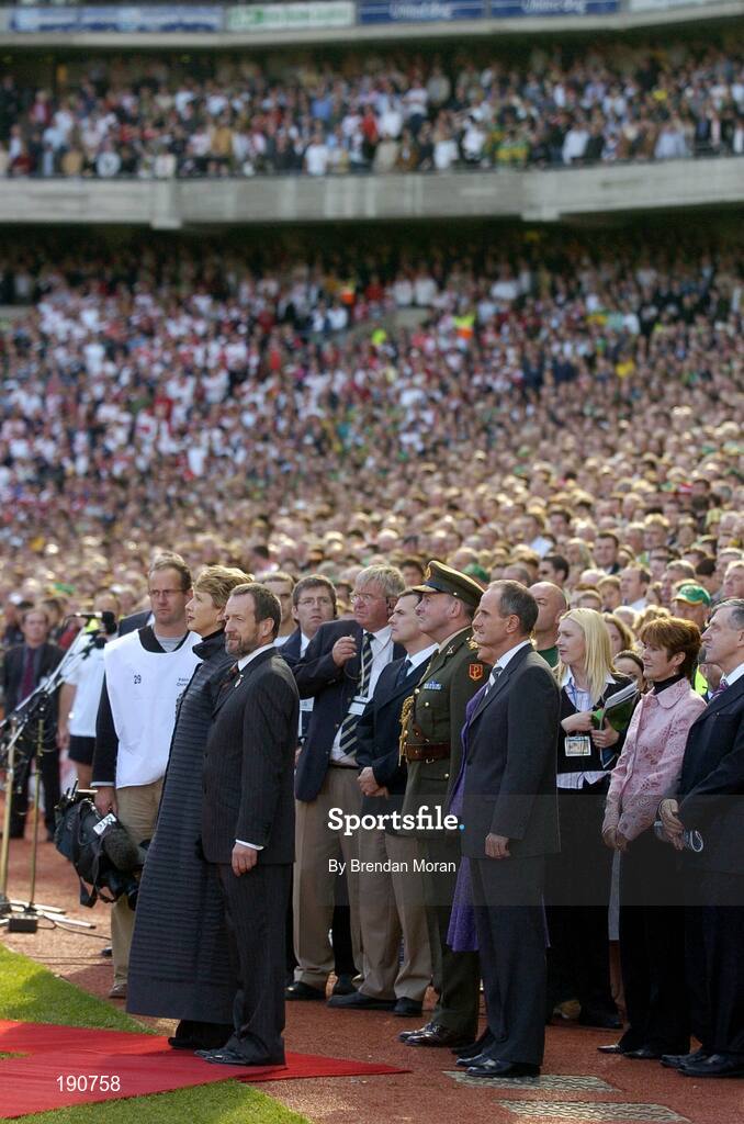 25 September 2005; President Mary McAleese, accompanied by Sean Kelly, President of the GAA, stand for the Presidential Salute on her arrival before the game. Bank of Ireland All-Ireland Senior Football Championship Final, Kerry v Tyrone, Croke Park, Dublin. Picture credit; Brendan Moran / SPORTSFILE