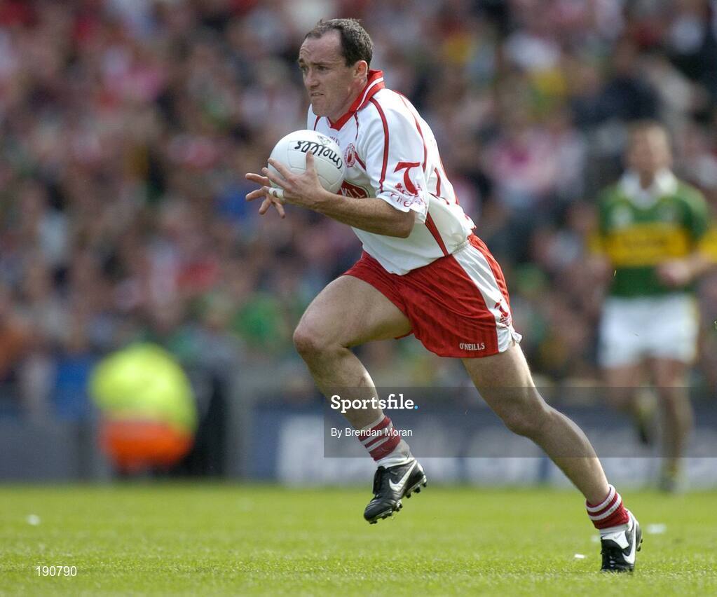 25 September 2005; Brian Dooher, Tyrone. Bank of Ireland All-Ireland Senior Football Championship Final, Kerry v Tyrone, Croke Park, Dublin. Picture credit; Brendan Moran / SPORTSFILE *** Local Caption *** Any photograph taken by SPORTSFILE during, or in connection with, the 2005 Bank of Ireland All-Ireland Senior Football Final which displays GAA logos or contains an image or part of an image of any GAA intellectual property, or, which contains images of a GAA player/players in their playing uniforms, may only be used for editorial and non-advertising purposes.  Use of photographs for advertising, as posters or for purchase separately is strictly prohibited unless prior written approval has been obtained from the Gaelic Athletic Association.