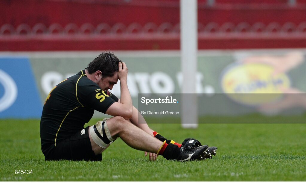 17 March 2014; Darragh Ryan, Ardscoil Ris, shows his disappointment after defeat to Crescent College. SEAT Munster Schools Senior Cup Final, Ard Scoil Ris v Crescent College Comprehensive, Thomond Park, Limerick. Picture credit: Diarmuid Greene / SPORTSFILE