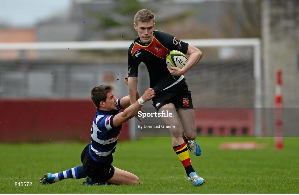 17 March 2014; Paul McNamara, Ardscoil Ris, is tackled by Fionn McGibney, Crescent College. SEAT Munster Schools Senior Cup Final, Ard Scoil Ris v Crescent College Comprehensive, Thomond Park, Limerick. Picture credit: Diarmuid Greene / SPORTSFILE