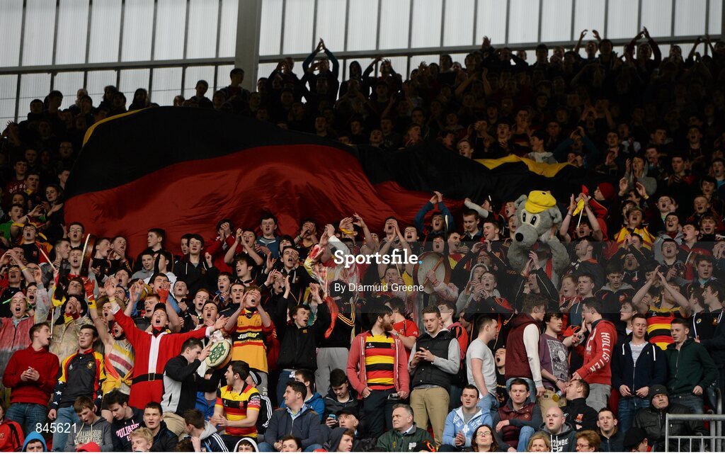 17 March 2014 Ardscoil Ris supporters during the game. SEAT Munster Schools Senior Cup Final, Ard Scoil Ris v Crescent College Comprehensive, Thomond Park, Limerick. Picture credit: Diarmuid Greene / SPORTSFILE