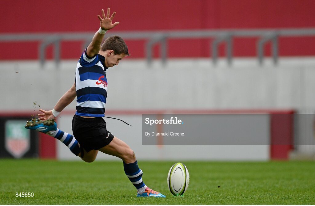 17 March 2014; Fionn McGibney, Crescent College, kicks a conversion. SEAT Munster Schools Senior Cup Final, Ard Scoil Ris v Crescent College Comprehensive, Thomond Park, Limerick. Picture credit: Diarmuid Greene / SPORTSFILE