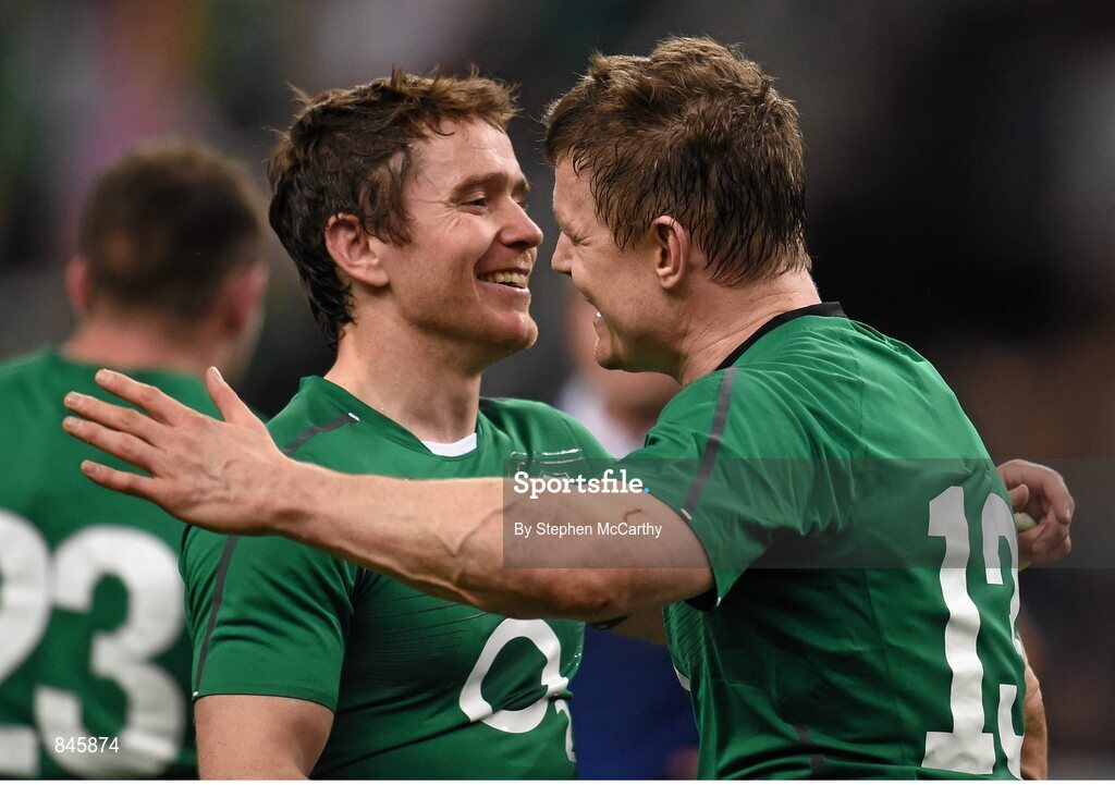 15 March 2014; Ireland's Eoin Reddan, left, and Brian O'Driscoll following their victory. RBS Six Nations Rugby Championship 2014, France v Ireland, Stade De France, Saint Denis, Paris, France. Picture credit: Stephen McCarthy / SPORTSFILE