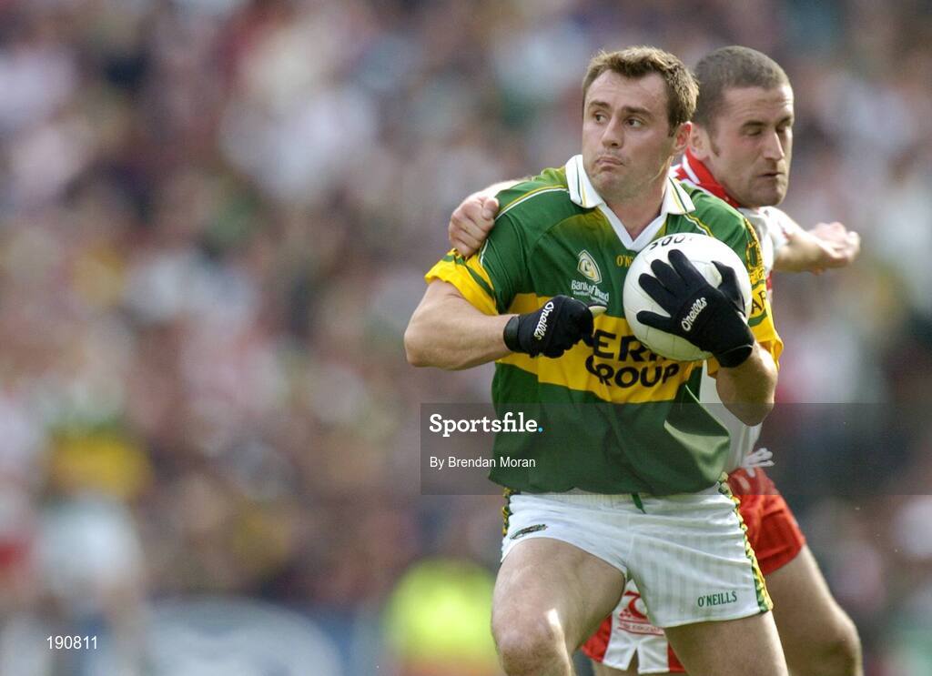 25 September 2005; William Kirby, Kerry, in action against Stephen O'Neill, Tyrone. Bank of Ireland All-Ireland Senior Football Championship Final, Kerry v Tyrone, Croke Park, Dublin. Picture credit; Brendan Moran / SPORTSFILE *** Local Caption *** Any photograph taken by SPORTSFILE during, or in connection with, the 2005 Bank of Ireland All-Ireland Senior Football Final which displays GAA logos or contains an image or part of an image of any GAA intellectual property, or, which contains images of a GAA player/players in their playing uniforms, may only be used for editorial and non-advertising purposes.  Use of photographs for advertising, as posters or for purchase separately is strictly prohibited unless prior written approval has been obtained from the Gaelic Athletic Association.