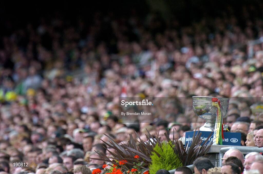25 September 2005; A general view of the Sam Maguire Cup on the presentation podium during the game. Bank of Ireland All-Ireland Senior Football Championship Final, Kerry v Tyrone, Croke Park, Dublin. Picture credit; Brendan Moran / SPORTSFILE *** Local Caption *** Any photograph taken by SPORTSFILE during, or in connection with, the 2005 Bank of Ireland All-Ireland Senior Football Final which displays GAA logos or contains an image or part of an image of any GAA intellectual property, or, which contains images of a GAA player/players in their playing uniforms, may only be used for editorial and non-advertising purposes.  Use of photographs for advertising, as posters or for purchase separately is strictly prohibited unless prior written approval has been obtained from the Gaelic Athletic Association.