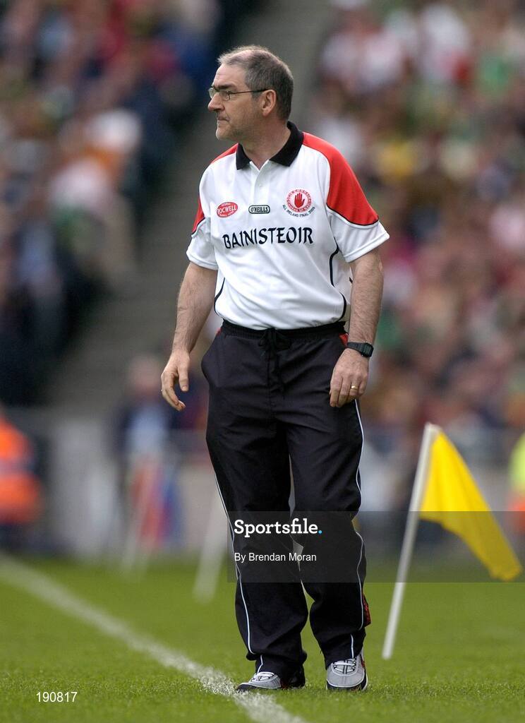 25 September 2005; Mickey Harte, Tyrone manager. Bank of Ireland All-Ireland Senior Football Championship Final, Kerry v Tyrone, Croke Park, Dublin. Picture credit; Brendan Moran / SPORTSFILE *** Local Caption *** Any photograph taken by SPORTSFILE during, or in connection with, the 2005 Bank of Ireland All-Ireland Senior Football Final which displays GAA logos or contains an image or part of an image of any GAA intellectual property, or, which contains images of a GAA player/players in their playing uniforms, may only be used for editorial and non-advertising purposes.  Use of photographs for advertising, as posters or for purchase separately is strictly prohibited unless prior written approval has been obtained from the Gaelic Athletic Association.