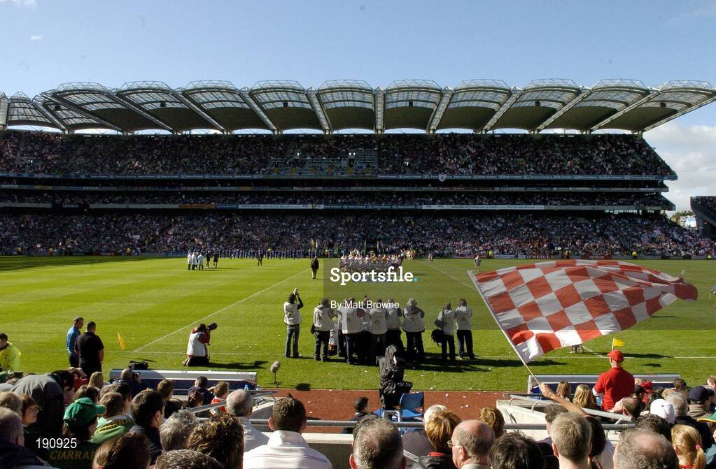25 September 2005; All-Ireland champions Tyrone have their team picture taken before the start of the match against Kerry. Bank of Ireland All-Ireland Senior Football Championship Final, Kerry v Tyrone, Croke Park, Dublin. Picture credit; Matt Browne / SPORTSFILE *** Local Caption *** Any photograph taken by SPORTSFILE during, or in connection with, the 2005 Bank of Ireland All-Ireland Senior Football Final which displays GAA logos or contains an image or part of an image of any GAA intellectual property, or, which contains images of a GAA player/players in their playing uniforms, may only be used for editorial and non-advertising purposes.  Use of photographs for advertising, as posters or for purchase separately is strictly prohibited unless prior written approval has been obtained from the Gaelic Athletic Association.