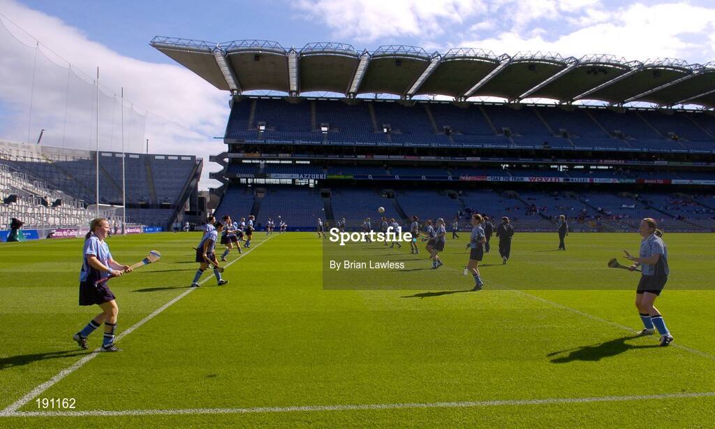 18 September 2005; The Dublin team warm up before the game. Dublin v Clare, All-Ireland Junior Camogie Final, Croke Park, Dublin. Picture credit; Brian Lawless / SPORTSFILE *** Local Caption *** Any photograph taken by SPORTSFILE during, or in connection with, the 2005 Guinness All-Ireland Hurling Final which displays GAA logos or contains an image or part of an image of any GAA intellectual property, or, which contains images of a GAA player/players in their playing uniforms, may only be used for editorial and non-advertising purposes.  Use of photographs for advertising, as posters or for purchase separately is strictly prohibited unless prior written approval has been obtained from the Gaelic Athletic Association.