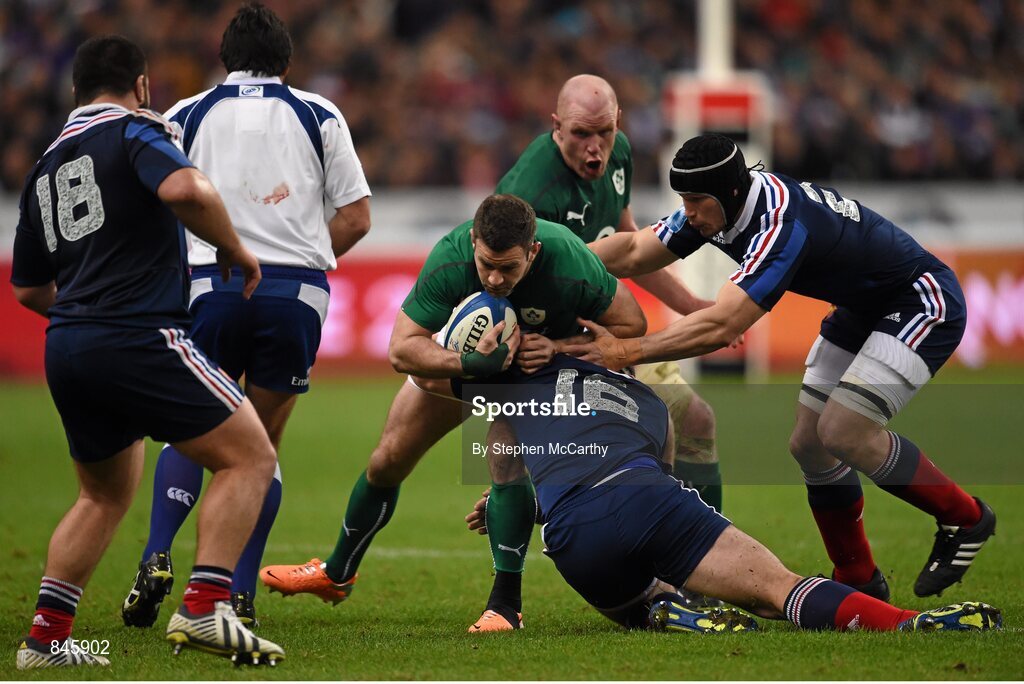 15 March 2014; Fergus McFadden, Ireland is tackled by Guilhem Guirado, France. RBS Six Nations Rugby Championship 2014, France v Ireland, Stade De France, Saint Denis, Paris, France. Picture credit: Stephen McCarthy / SPORTSFILE