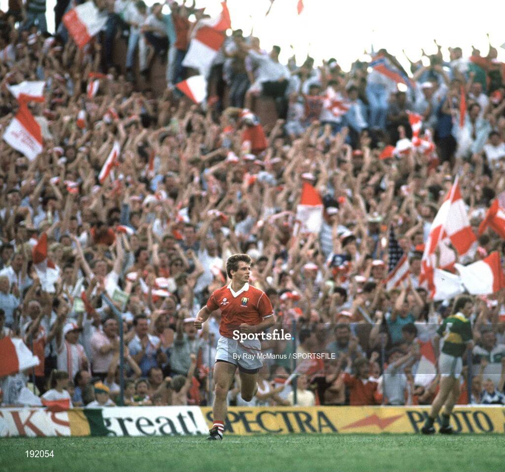 23 July 1989; Cork's John O'Driscoll is cheered on by Cork fans after scoring his sides goal. Kerry v Cork, Munster Football Final, Fitzgerald Stadium, Killarney, Co. Kerry. Picture credit; Ray McManus / SPORTSFILE