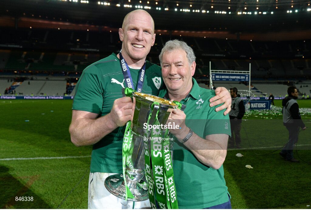 15 March 2014; Ireland captain paul O'Connell with kitman Paddy 'Rala' O'Reilly and the RBS Six Nations Trophy. RBS Six Nations Rugby Championship 2014, France v Ireland, Stade De France, Saint Denis, Paris, France. Picture credit: Matt Browne / SPORTSFILE